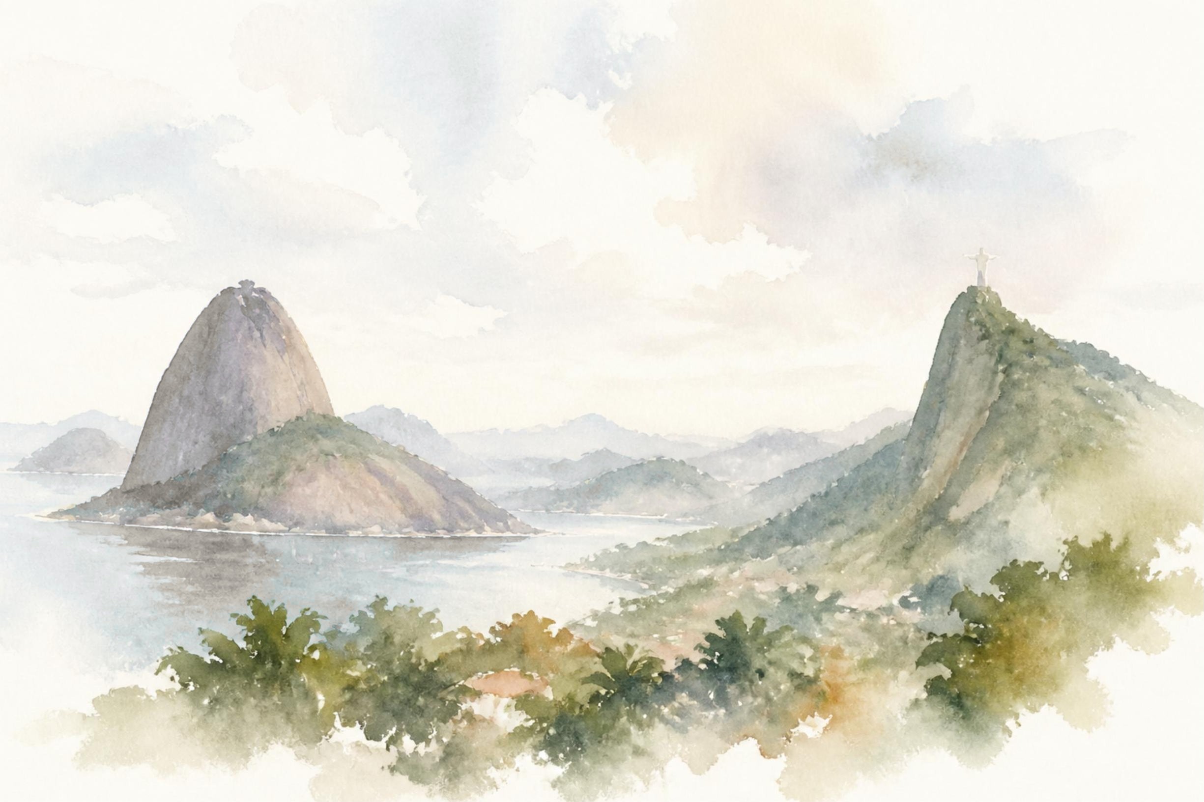Aquarela da vista de Santa Teresa: Pão de Açúcar, Baía de Guanabara e Cristo Redentor