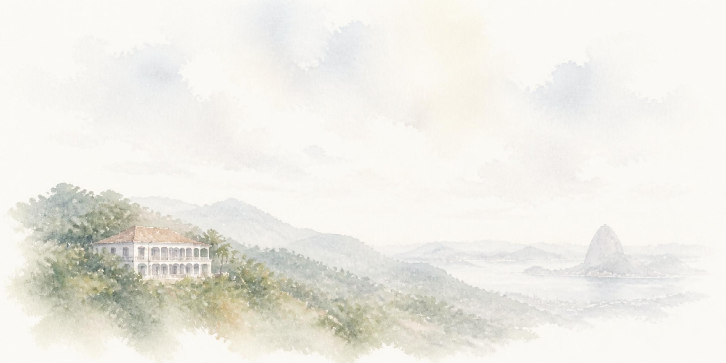Aquarela da Mansão Alvite no alto de Santa Teresa, com o Pão de Açúcar ao fundo